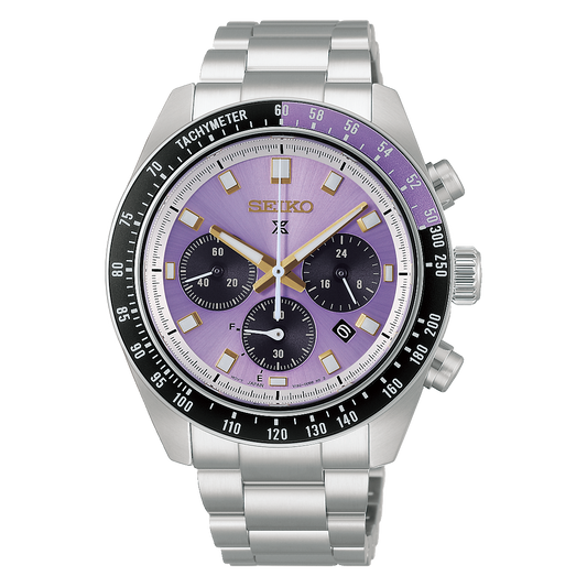 Seiko Prospex Speedtimer Solar Chronograph 41.4mm watch in Edo purple with a metallic bracelet, three black sub-dials, and a black tachymeter bezel.
