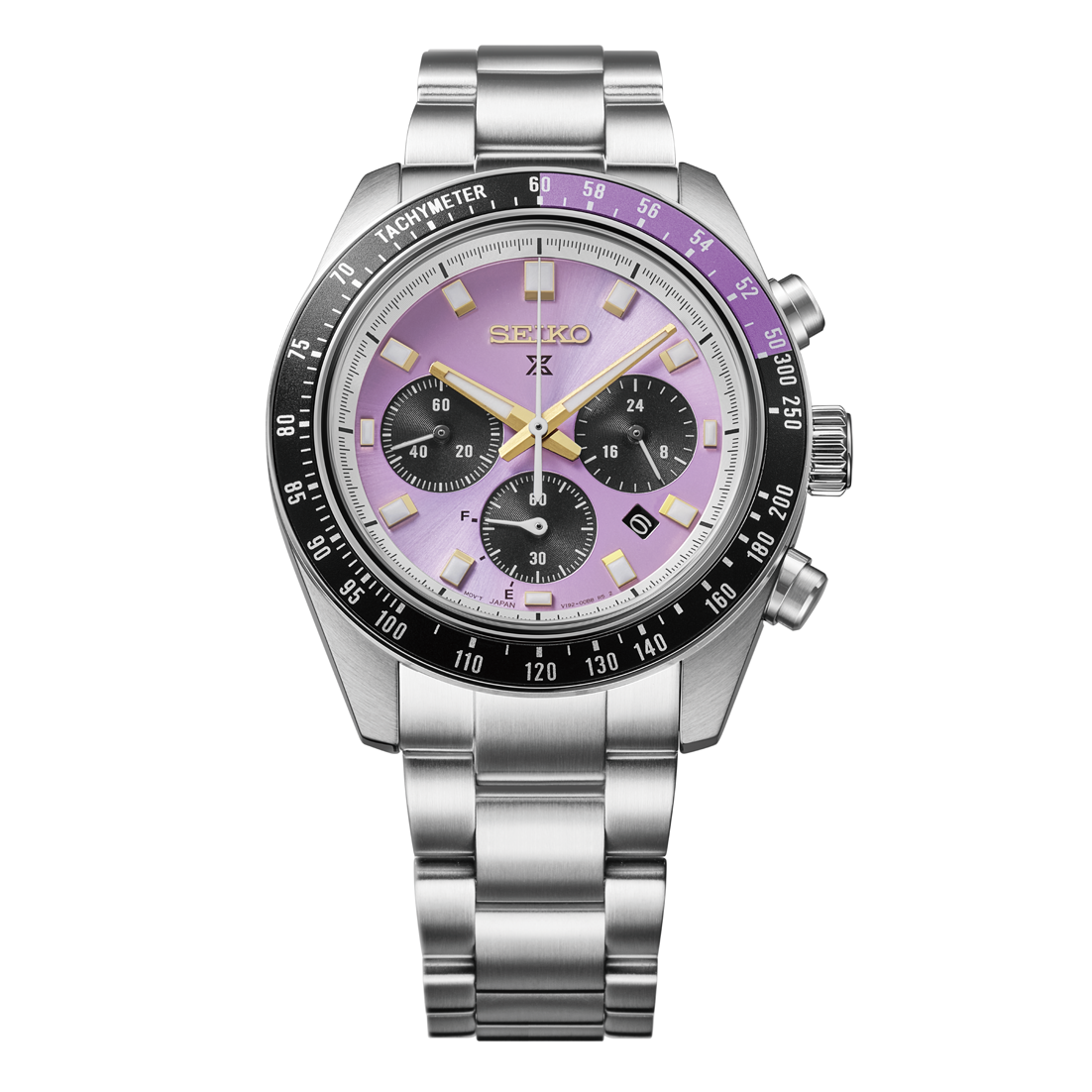 Seiko Prospex Speedtimer Solar Chronograph 41.4mm Watch with an Edo purple dial, three black subdials, and a silver metal link bracelet.