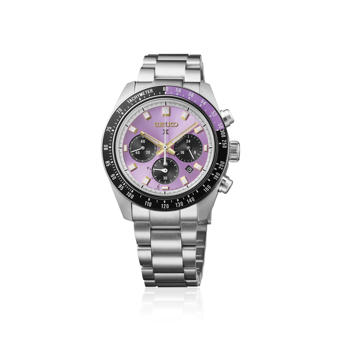 Seiko Prospex Speedtimer Solar Chronograph 41.4mm watch with an Edo purple metallic dial, three black subdials, and a silver-tone steel link bracelet.