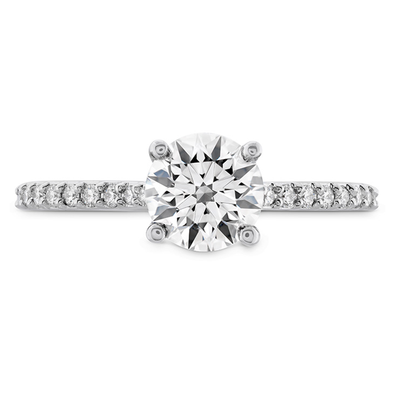 Explore the Hearts On Fire Camilla 18K White Gold Semi Mount Solitaire Engagement Ring. This sophisticated piece from Hearts on Fire features a prominent round diamond solitaire set in a four-prong setting. The band, made from 18kt white gold, is embellished with smaller diamonds, adding to its brilliance and timeless style.