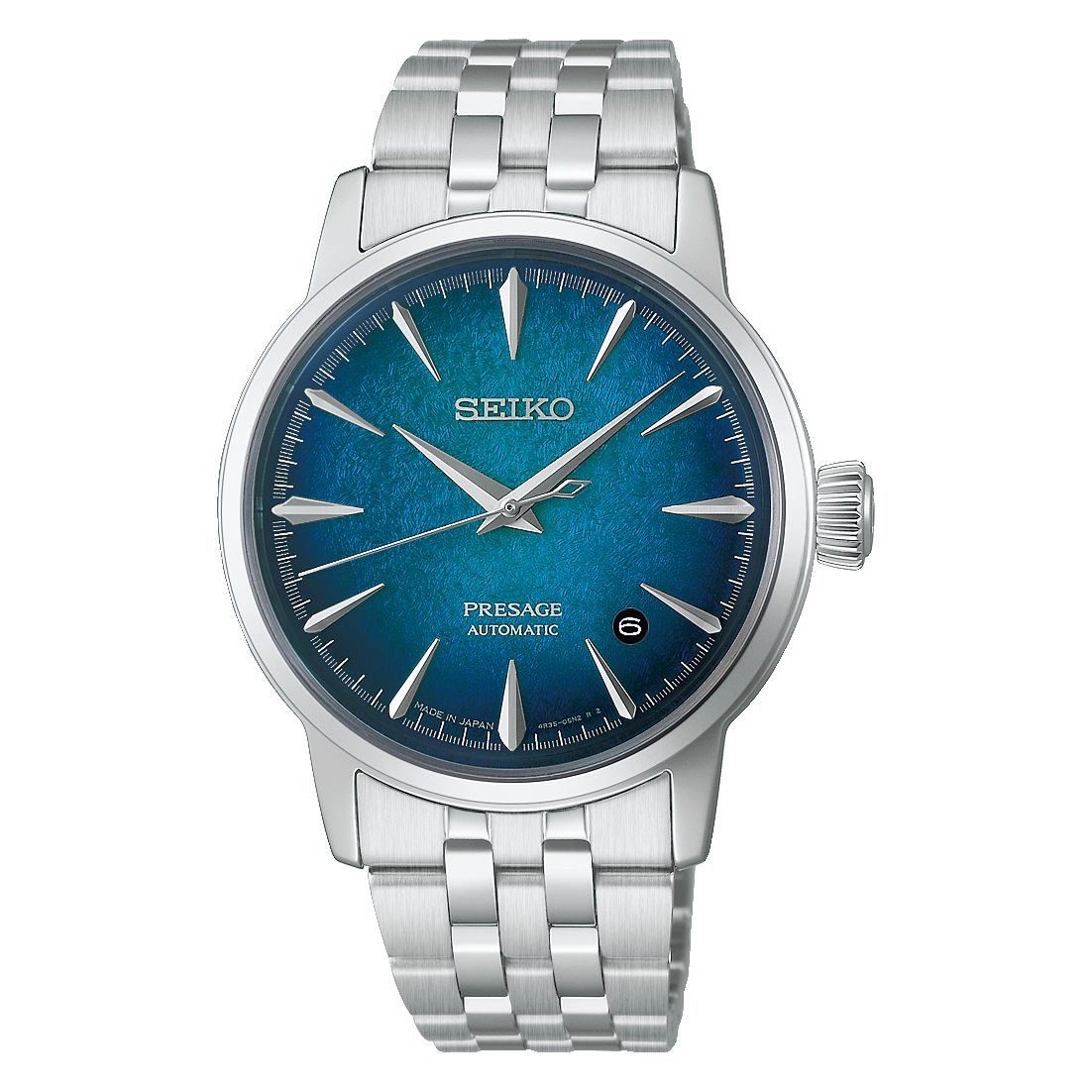 Seiko Presage Cocktail Time Automatic With Manual Winding 38.5mm watch with an analog display, a textured blue dial, silver indices, and a silver link bracelet.