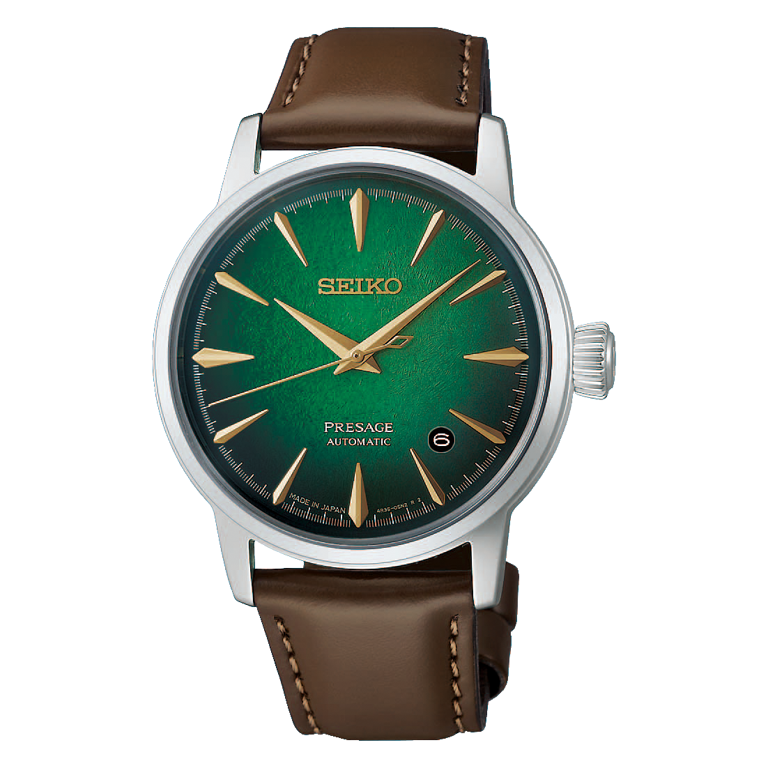 Seiko Presage Cocktail Time Automatic With Manual Winding 38.5mm watch featuring a green textured dial, gold hands and hour markers, and a brown leather strap.