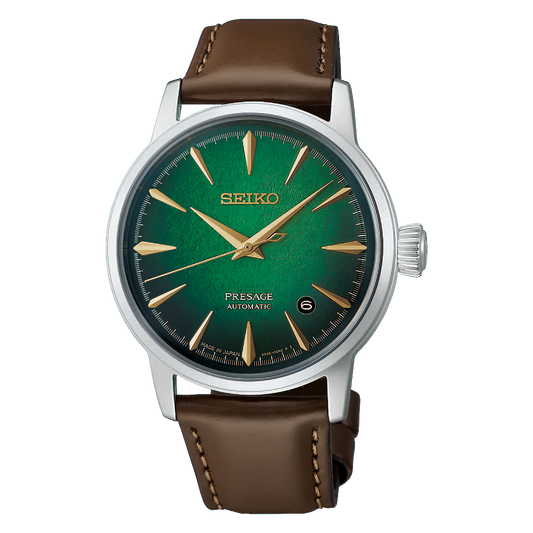 Seiko Presage Cocktail Time Automatic With Manual Winding 38.5mm watch featuring a green textured dial, gold hands and hour markers, and a brown leather strap.