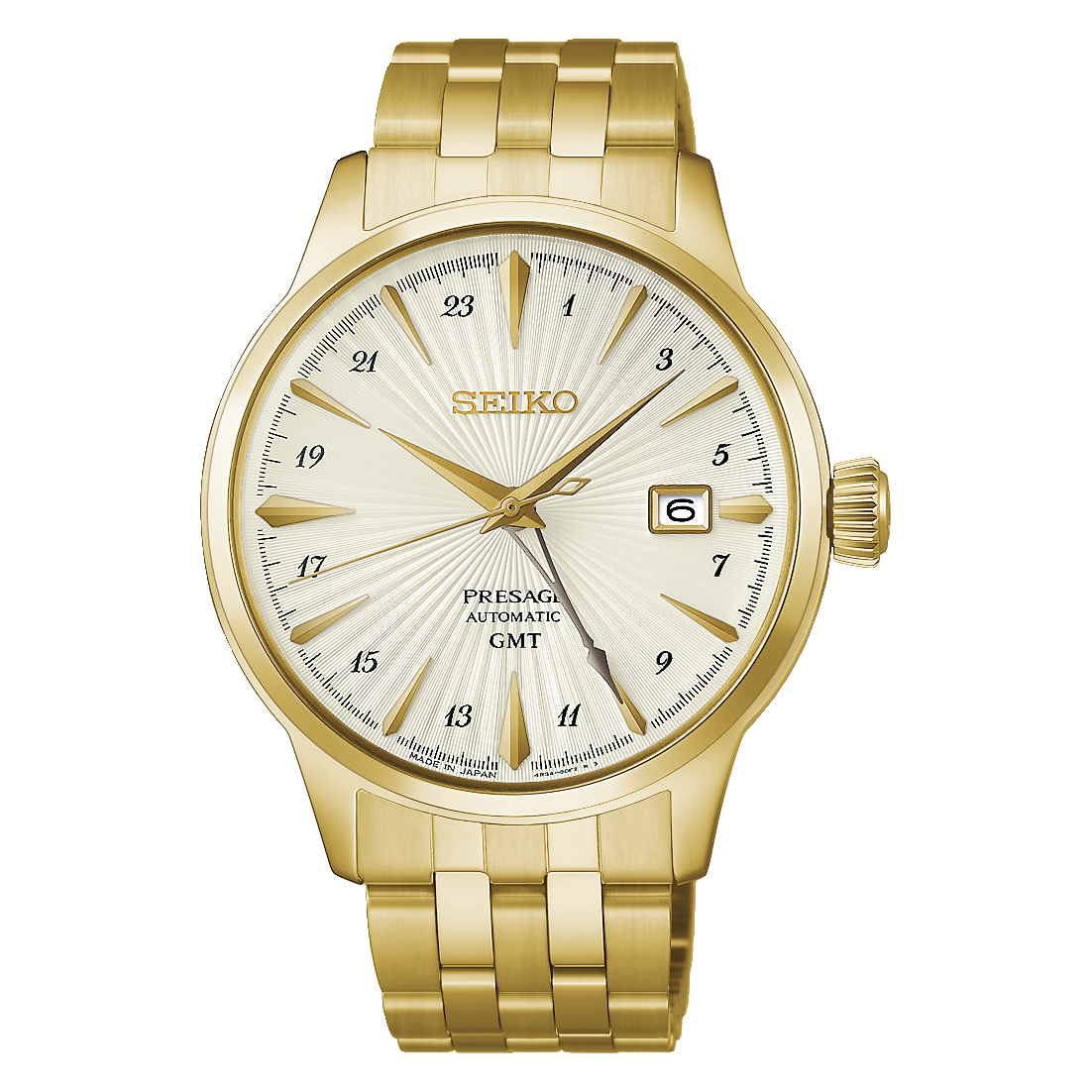 Gold-tone Seiko Presage Cocktail Time GMT Automatic With Manual Winding 40.5mm Watch with a textured off-white dial, gold hands, index markers, a 24-hour scale, and a metal link bracelet.
