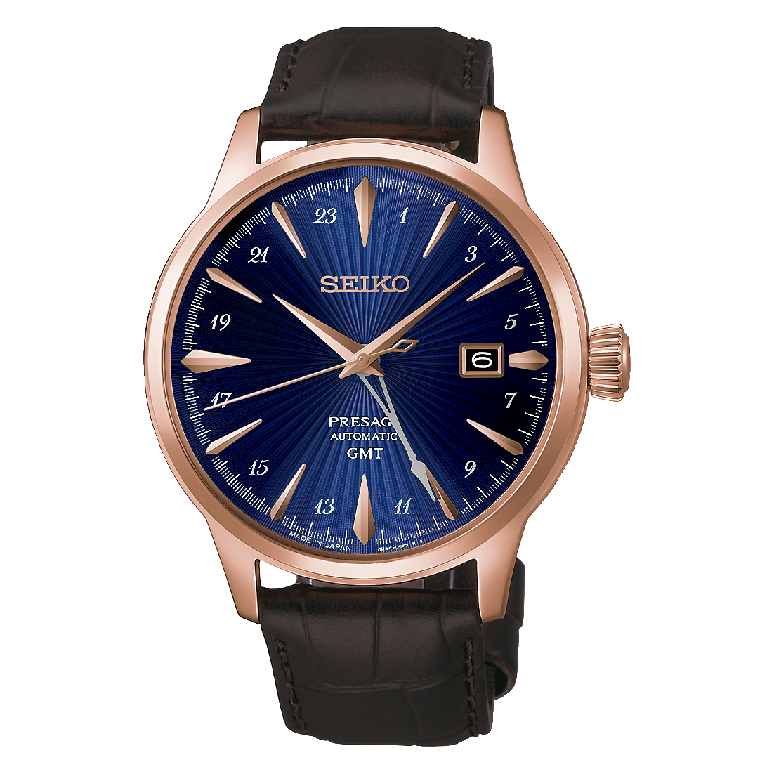 Seiko Presage Cocktail Time GMT Automatic With Manual Winding 40.5mm watch in rose-gold-tone stainless steel with a blue sunray dial, 24-hour markers, a date window, and a dark brown leather strap.