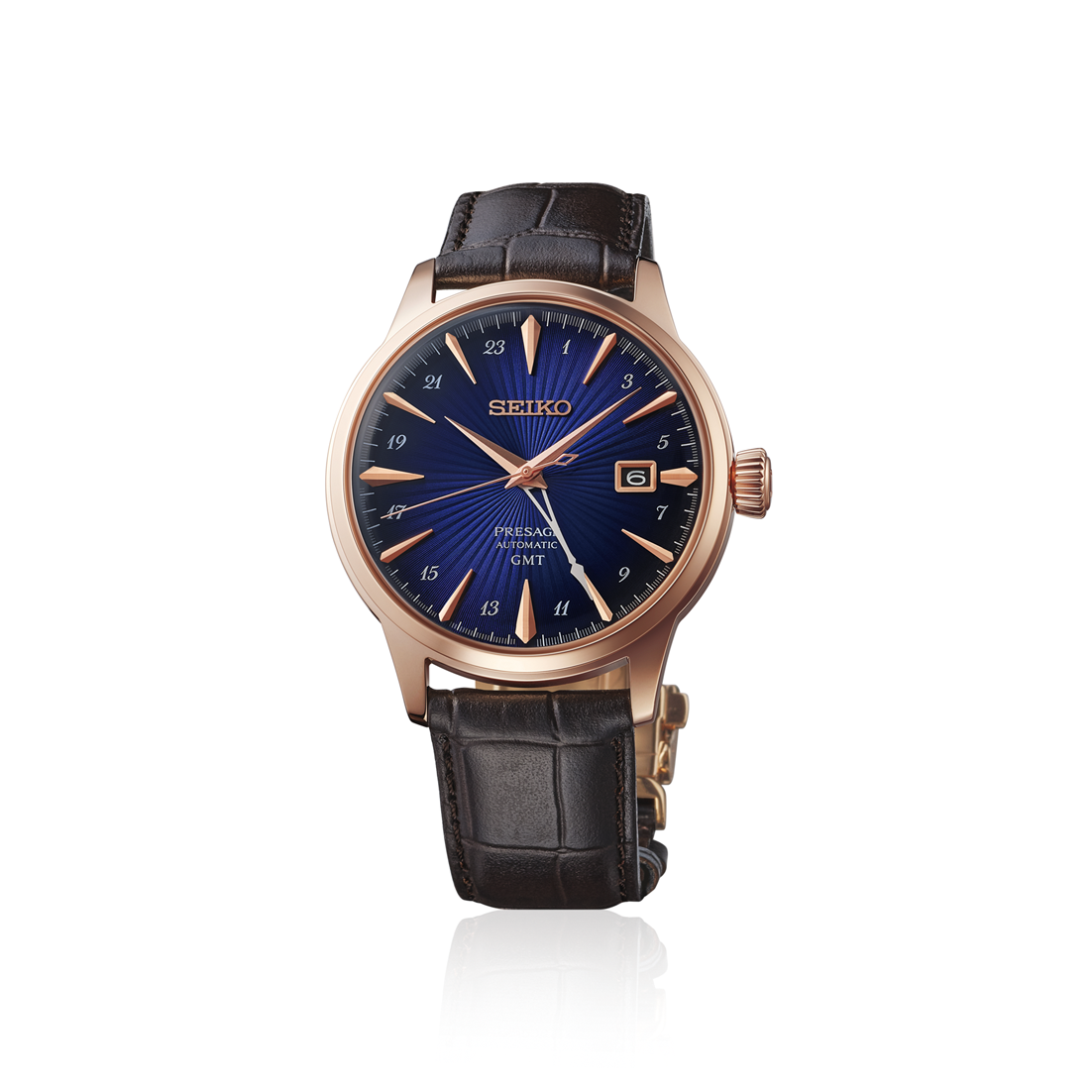 Seiko Presage Cocktail Time GMT Automatic With Manual Winding 40.5mm watch featuring a dark blue sunray dial, rose-gold-tone markers, and a dark brown leather strap.