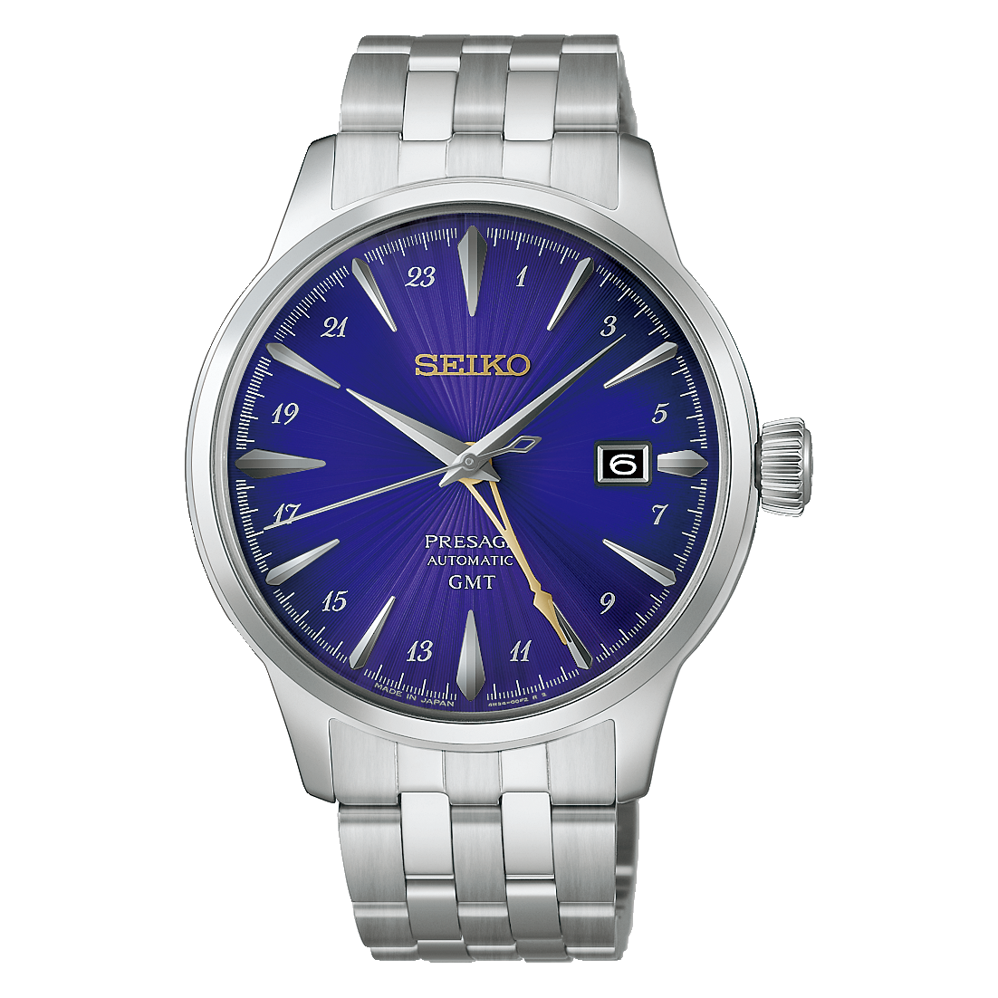 Seiko Presage Cocktail Time GMT 145th Anniversary Limited Edition Automatic With Manual Winding 40.5mm Watch featuring a textured deep blue dial, gold GMT hand, and a steel link bracelet.