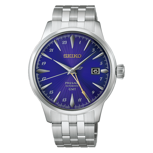 Seiko Presage Cocktail Time GMT 145th Anniversary Limited Edition Automatic With Manual Winding 40.5mm Watch featuring a textured deep blue dial, gold GMT hand, and a steel link bracelet.
