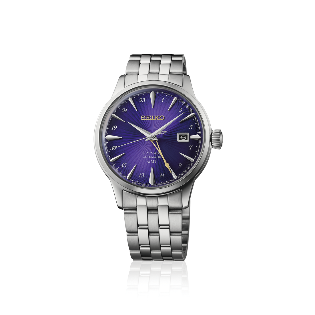 Seiko Presage Cocktail Time GMT 145th Anniversary Limited Edition Automatic With Manual Winding 40.5mm Watch with a radial-patterned purple dial, silver-tone markers, date window, and a metal link bracelet.