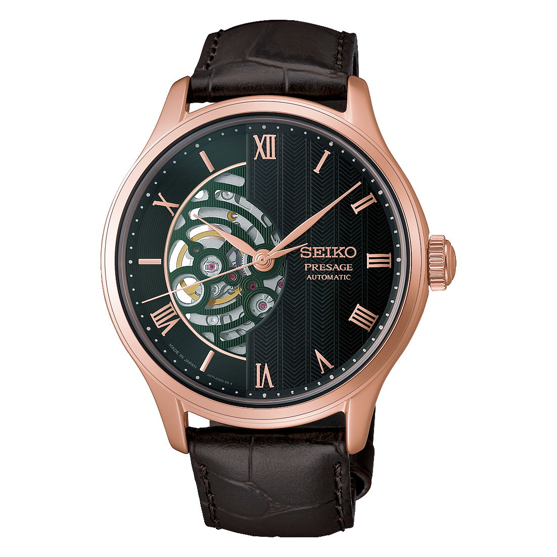Seiko Presage Japanese Garden Open Heart Automatic With Manual Winding 41.8mm Watch in rose gold with a dark green open heart dial and brown leather strap.