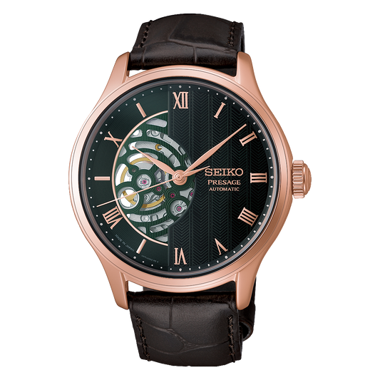Seiko Presage Japanese Garden Open Heart Automatic With Manual Winding 41.8mm Watch in rose gold with a dark green open heart dial and brown leather strap.