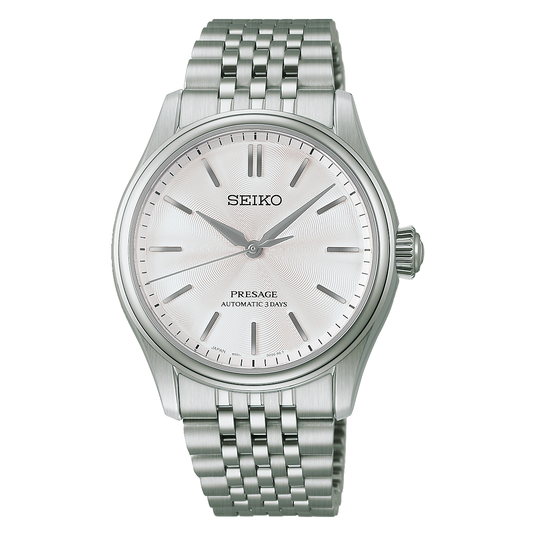 Seiko Presage Classic Series Automatic With Manual Winding 38mm watch featuring a white textured dial, silver hands and indices, and a multi-link metal bracelet.