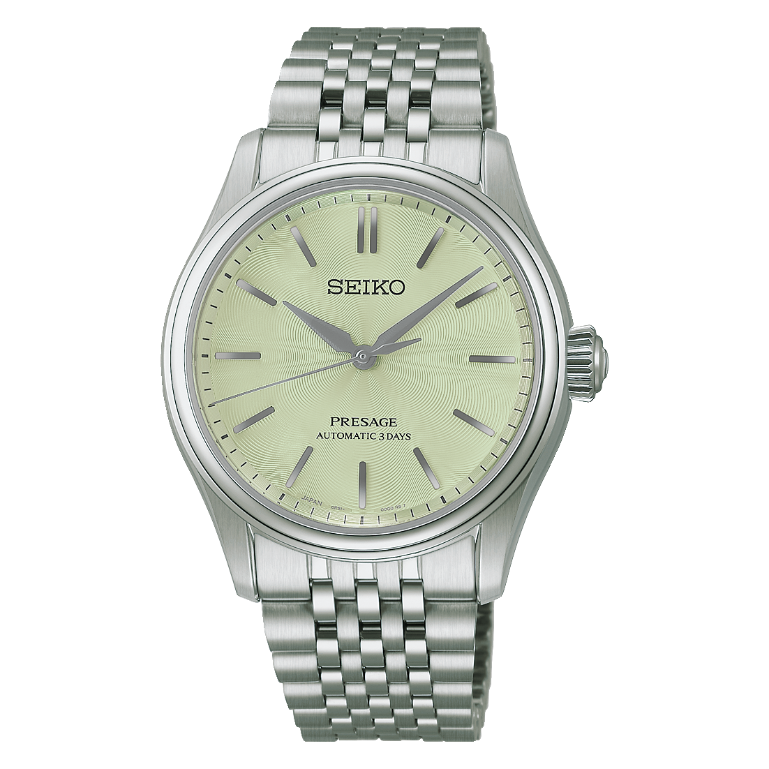 Seiko Presage Classic Series Automatic With Manual Winding 38mm watch featuring a light green textured dial, silver-tone hands and hour markers, and a multi-link silver metal bracelet.
