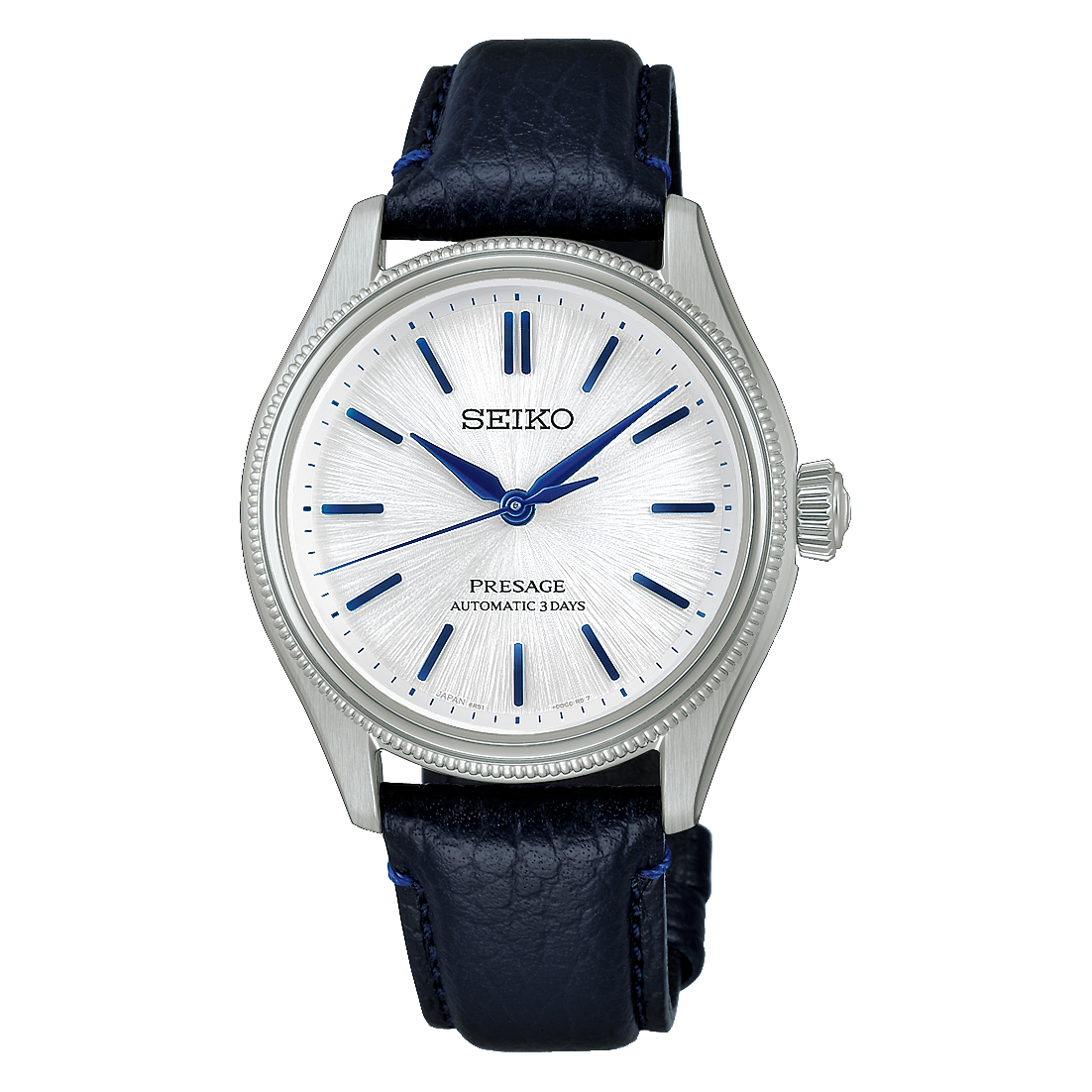 A 36mm Seiko Presage Classic Series 145th Anniversary Limited Edition Automatic With Manual Winding watch featuring a textured white dial, blue indices and hands, and a dark blue leather strap.