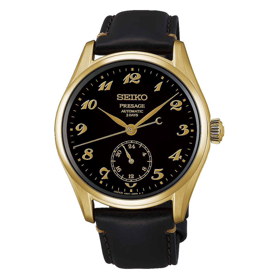 Seiko Presage Classic Series Automatic With Manual Winding 39.6mm watch in gold-tone, featuring an Urushi lacquer dial with a black finish, gold Arabic numerals, and a black leather strap.
