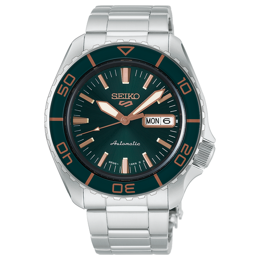 Seiko 5 Sports SKX Series Automatic 42.5mm Watch with a dark green dial, copper-colored indices and hands, a rotating bezel, and a silver stainless steel bracelet.