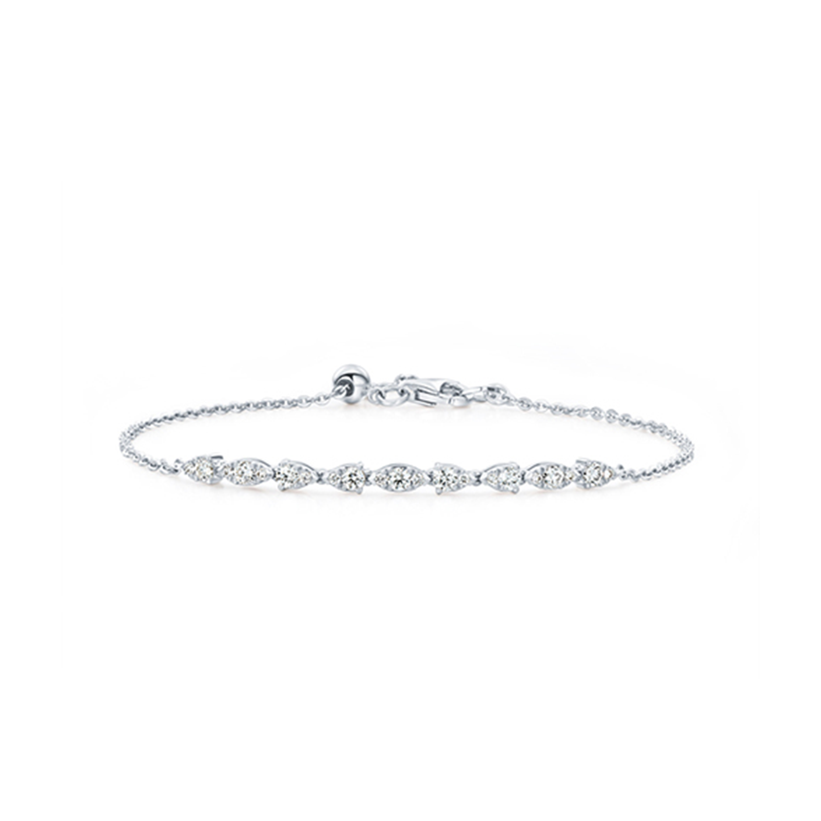 The Hearts On Fire Aerial 18K White Gold Dewdrop Bracelet from Hearts on Fire is an elegant and minimalistic piece adorned with oval-shaped gemstones in a linear pattern that creates a seamless diamond appearance. Its delicate design is enhanced by the thin Aerial Dewdrop Chain, and it is secured with a small clasp for fastening.