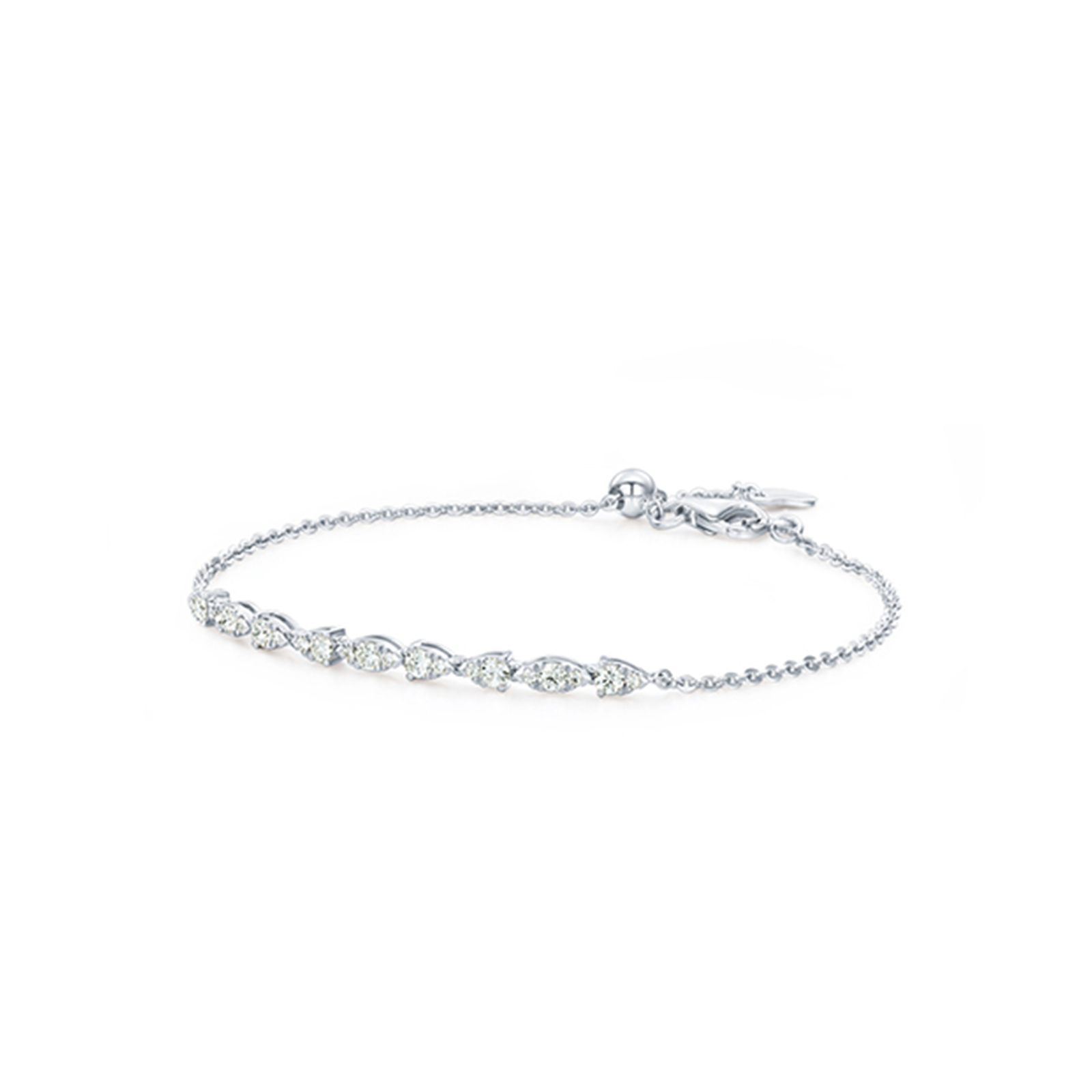 The Hearts On Fire Aerial 18K White Gold Dewdrop Bracelet, crafted by the brand Hearts on Fire, is a delicate silver piece with an elegant and minimalist design. It features a series of oval-shaped gemstones set in line, reminiscent of a seamless diamond look, beautifully displayed against a plain white background.