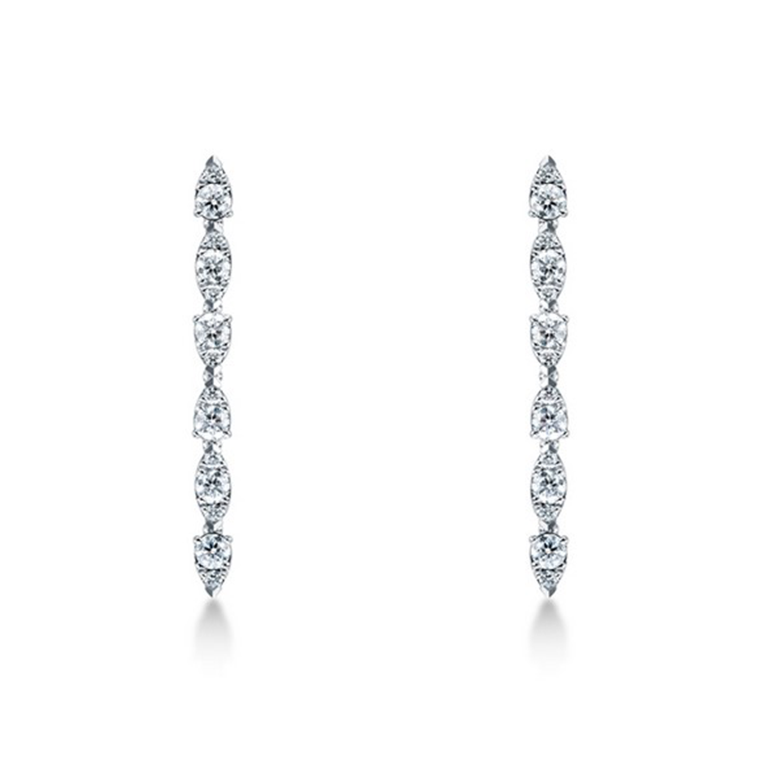 Introducing the Hearts On Fire Aerial 18K White Gold Dewdrop Stiletto Earrings, by Hearts on Fire, featuring a vertical arrangement of oval and tear-shaped gemstones in an elegant symmetrical pattern, showcased against a white background.