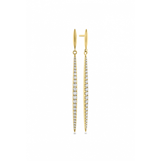 The Hearts On Fire Stiletto 18K Yellow Gold Earrings from Hearts on Fire radiate timeless elegance with their sleek, elongated drop design. These earrings feature a sparkling line of small diamonds embedded along their length, offering a shiny and sophisticated appearance perfect for any occasion.