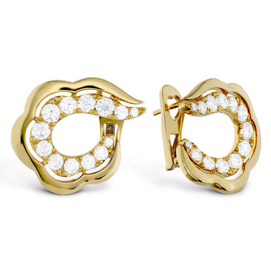 Hearts On Fire 18K Yellow Gold Earrings exhibit a beautiful swirl design, embellished with a multitude of small, round diamonds. The earrings are displayed from both front and side perspectives to emphasize their detailed craftsmanship and timeless elegance.