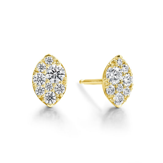 The Hearts On Fire Tessa 18K Yellow Gold Earrings feature a marquise shape embellished with round diamonds, set against a white background. Celebrated as the pinnacle of craftsmanship, these stunning pieces capture the elegance synonymous with Hearts on Fire.