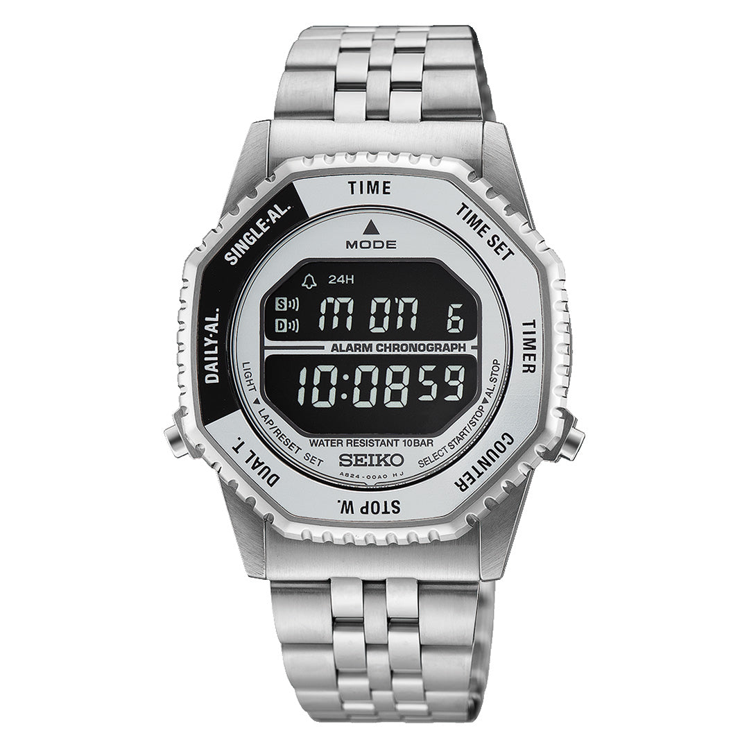 The Seiko Essentials Chrono Quartz 37mm Watch combines a sleek rectangular stainless steel case with a silver metal band and offers multiple digital functions on its display—including time, date, and alarm settings. Powered by reliable Caliber A824 quartz movement, this Seiko watch delivers precision and dependable everyday performance.