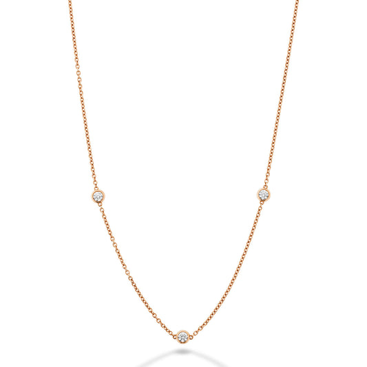 The Hearts On Fire 18K Rose Gold and Platinum Diamond Necklace features a delicate design, showcasing three evenly spaced small diamonds on a fine chain.