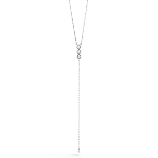 Introducing the Hearts On Fire Liliana 18K Gold and Platinum Pendant by Hearts on Fire, featuring a delicate design with a long, thin chain. It showcases two interlocking circles adorned with sparkling diamonds, complemented by a single diamond accent at the end of the elegant dangling chain.