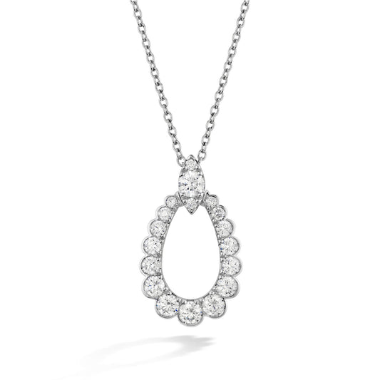 Introducing the sophisticated Hearts On Fire Aerial 18K White Gold Teardrop Pendant. This exquisite necklace features an 18 Karat white gold teardrop-shaped pendant adorned with round, sparkling diamonds. The diamond cluster at the top is seamlessly connected to the chain, enveloping it in brilliance.