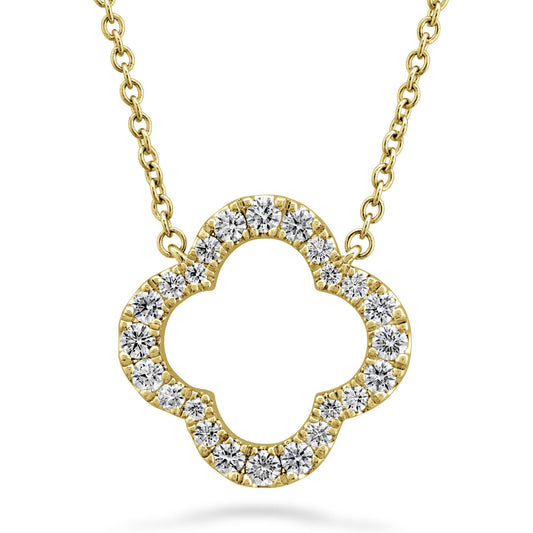 The Hearts On Fire Signature Petal 18K Yellow Gold Pendant, designed by Hearts on Fire, showcases a quatrefoil-shaped pendant decorated with shimmering round diamonds on an 18 Karat yellow gold chain. Its open center lends a delicate and elegant touch against the plain backdrop.