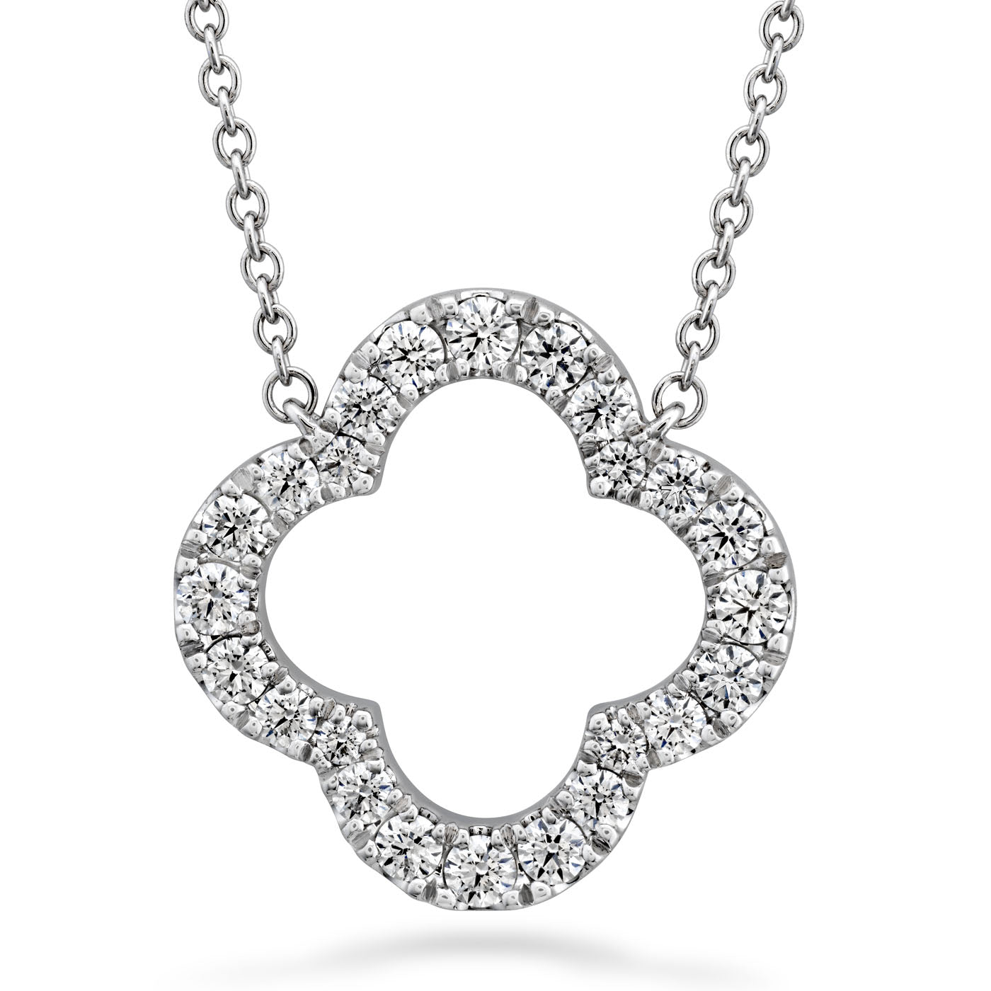The Hearts On Fire Signature Petal Pendant from Hearts on Fire showcases a clover-shaped design adorned with sparkling diamonds, gracefully suspended on an 18K white gold delicate chain. Its intricate craftsmanship beautifully captures and reflects light.