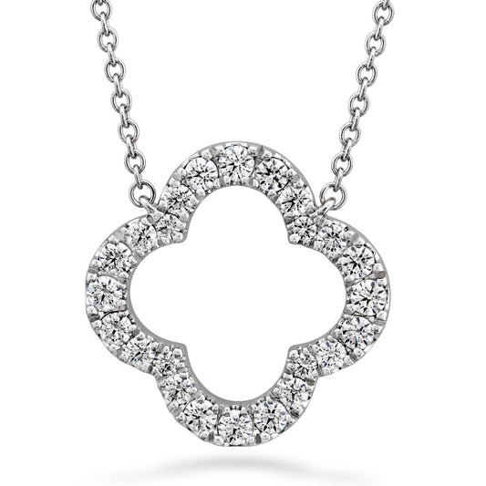 The Hearts On Fire Signature Petal Pendant from Hearts on Fire showcases a clover-shaped design adorned with sparkling diamonds, gracefully suspended on an 18K white gold delicate chain. Its intricate craftsmanship beautifully captures and reflects light.