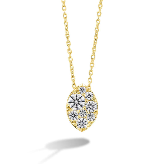 The Hearts On Fire Tessa 18K Yellow Gold Pendant by Hearts on Fire features a marquise-shaped design adorned with seven sparkling round diamonds arranged in a floral pattern. This exquisite pendant elegantly dangles from a delicate gold chain, making it a timeless piece.