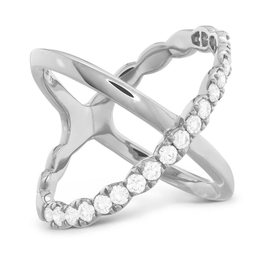 The Hearts On Fire Lorelei 18K White Gold Round Brilliant Diamond Criss Cross Fashion Ring, crafted by Hearts on Fire, showcases a striking silver double-ring design. It features one band embellished with dazzling round clear diamonds and the other with a sleek 18 Karat White Gold finish, creating an elegant and modern crossover shape.
