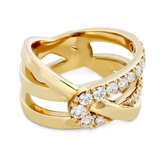 Introducing the Hearts on Fire Optima 18K Yellow Gold Round Brilliant Diamond Wrap Fashion Ring: a breathtaking creation from the esteemed Hearts on Fire brand. This exquisite piece highlights three intertwined strands, consisting of two smooth gold bands and a central strand embellished with dazzling round brilliant diamonds. Its polished, reflective surface makes it truly captivating.