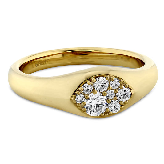 Introducing the Hearts On Fire Tessa 18K Yellow Gold Round Brilliant Diamond Navette Signet Ring, a stunning piece that features an exquisite cluster of round diamonds elegantly arranged in an oval pattern. The larger center diamond is surrounded by smaller ones, creating a sparkling focal point on the band.