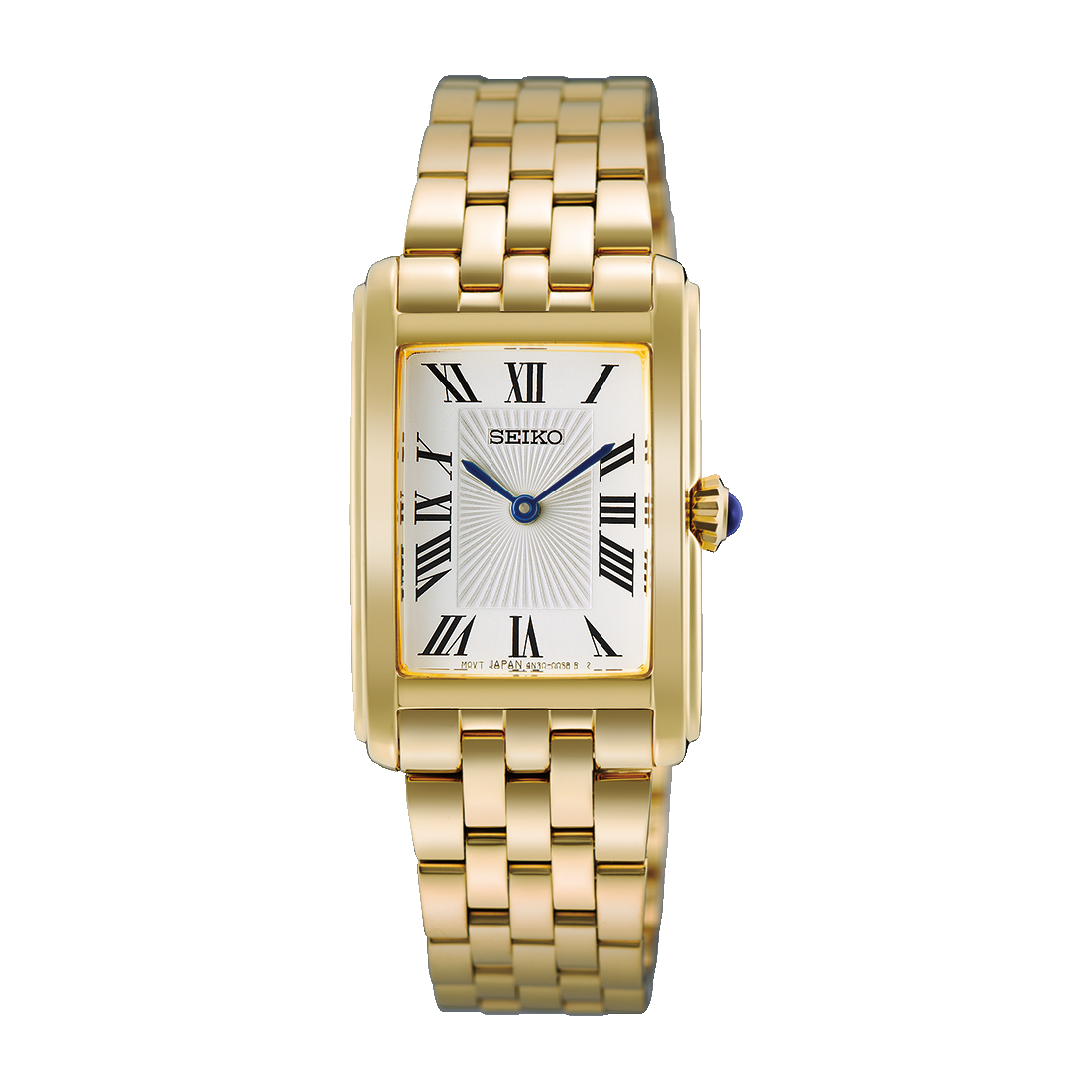 Gold-tone rectangular Seiko Essentials Quartz 22.2mm Watch featuring a white dial, black Roman numerals, and a stainless steel link bracelet.