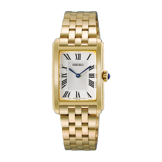 Gold-tone rectangular Seiko Essentials Quartz 22.2mm Watch featuring a white dial, black Roman numerals, and a stainless steel link bracelet.