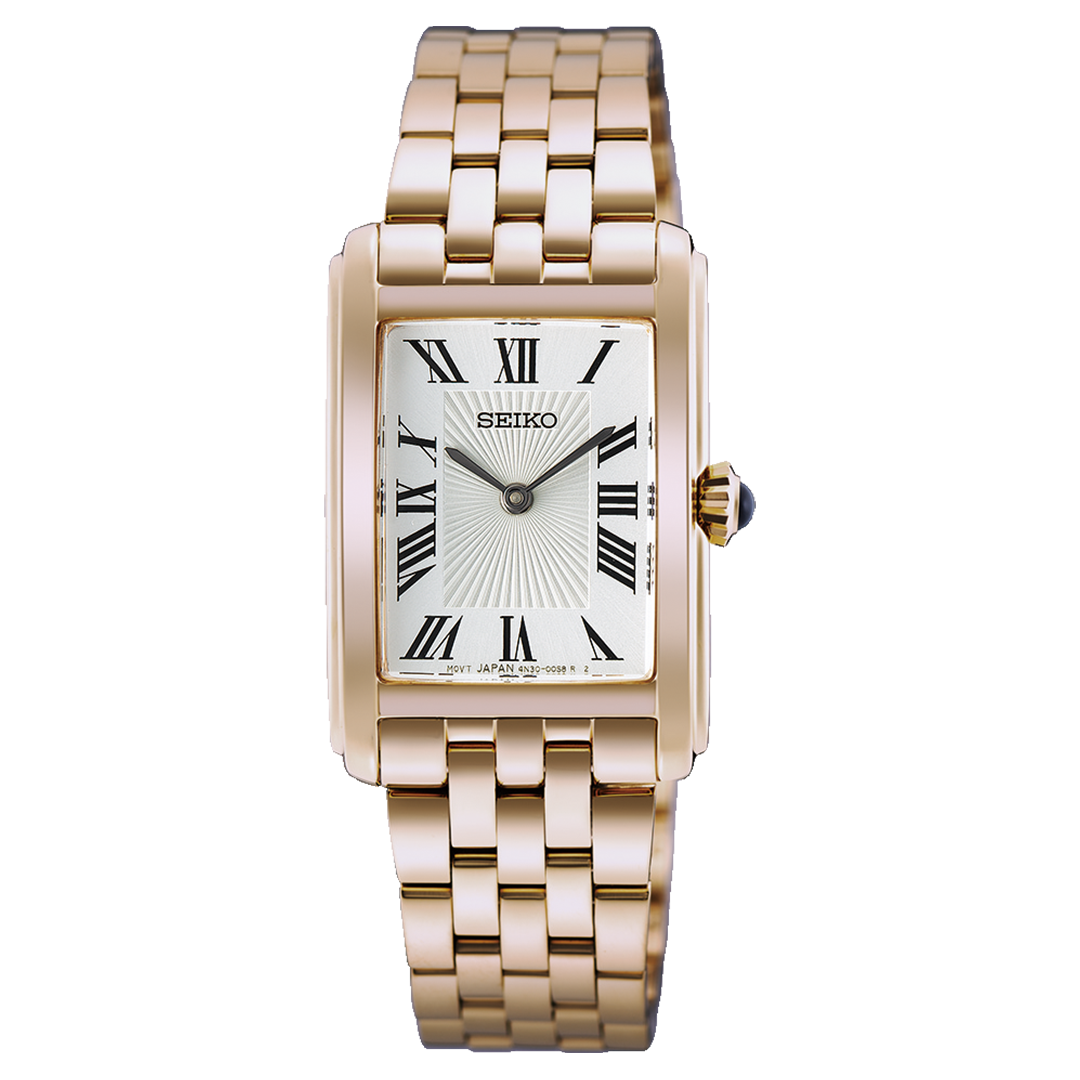 The Seiko Essentials Quartz 22.2mm Watch by Seiko features a rectangular gold case, Roman numeral hour markers, a silver dial, and a metal link bracelet. Distinguished by its blue crown detail, this elegant timepiece is powered by the dependable Caliber 4N30 movement.