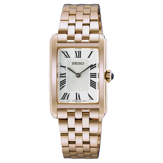 The Seiko Essentials Quartz 22.2mm Watch by Seiko features a rectangular gold case, Roman numeral hour markers, a silver dial, and a metal link bracelet. Distinguished by its blue crown detail, this elegant timepiece is powered by the dependable Caliber 4N30 movement.
