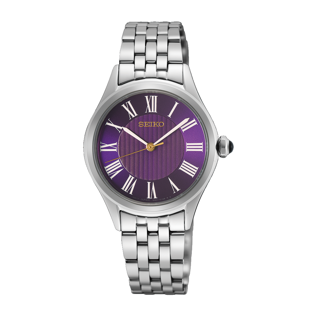 Seiko Essentials 145th Anniversary Limited Edition Quartz 29.6mm Watch in stainless steel with a silver-tone finish, purple textured dial, gold hands, and Roman numeral indices on a linked bracelet.