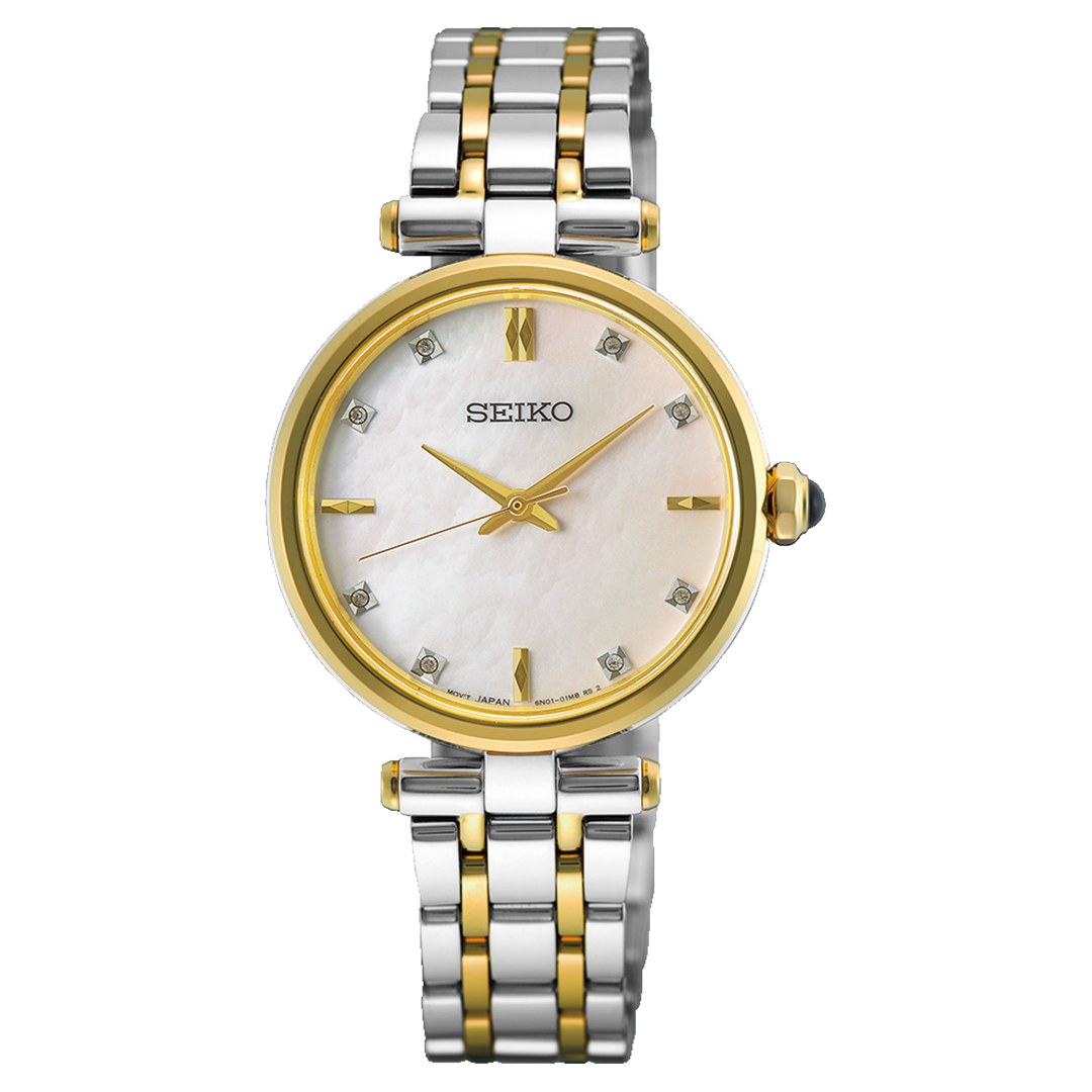 The Seiko Essentials Quartz 29mm Watch by Seiko features a silver and gold metal band, a gold bezel, and a white mother-of-pearl dial adorned with gold hands and hour markers. Each hour is accented by small clear stones, offering an elegant diamond-inspired appearance.