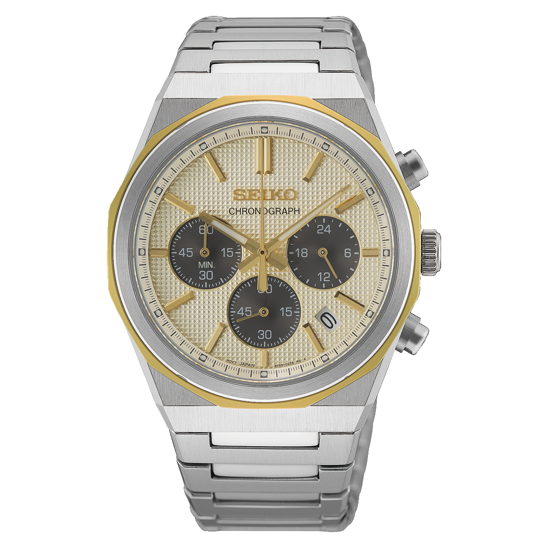 Seiko Essentials Quartz 40mm Watch in silver-tone with a textured champagne dial, three black sub-dials, and a gold-tone bezel on a stainless steel link bracelet.