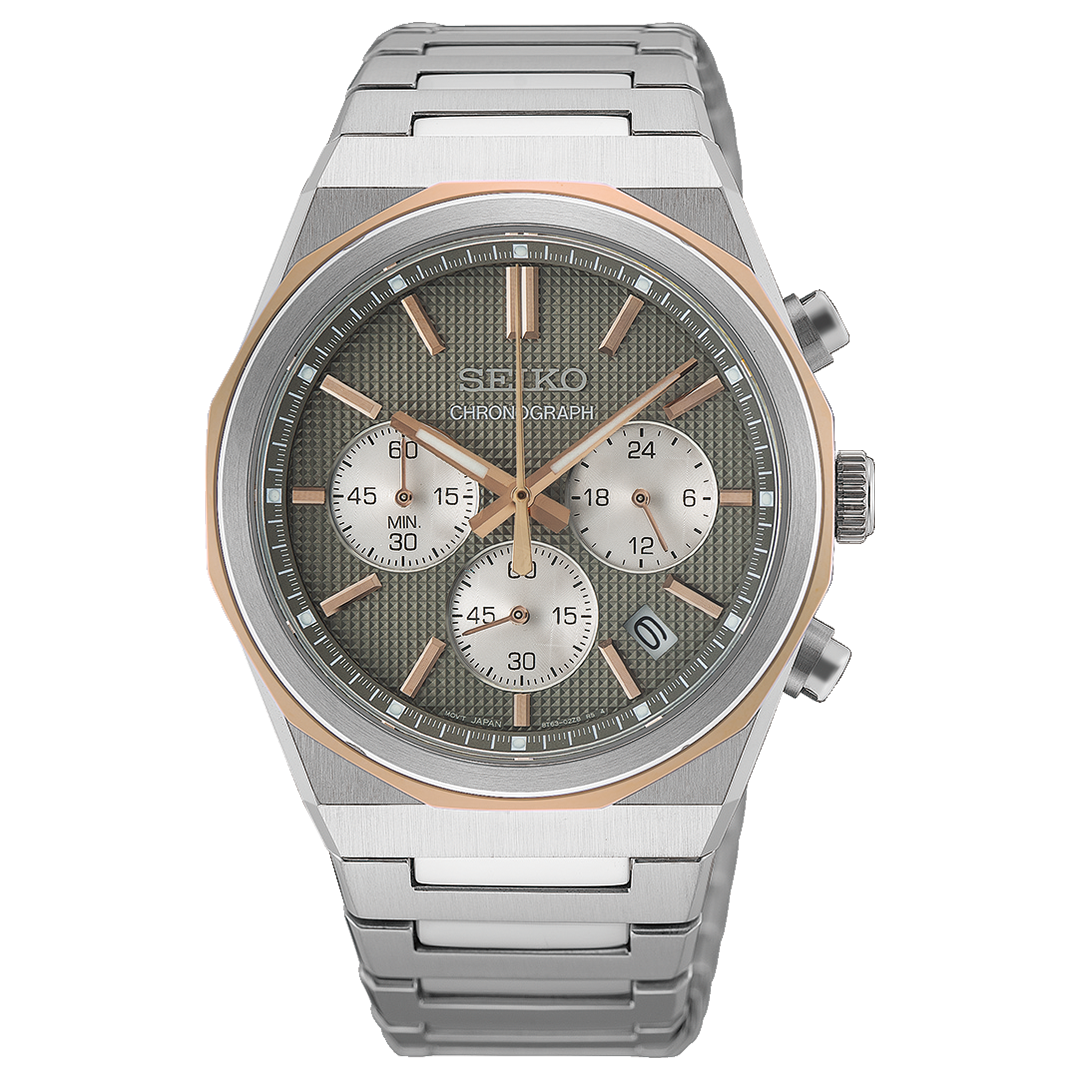 Introducing the Seiko Essentials Chrono Quartz 40mm Watch by Seiko, featuring a robust 40mm stainless steel case, sleek silver metal band, and a striking gray textured dial accented with rose gold-tone details. Powered by Caliber 8T63, this chronograph includes three subdials and a date window for added convenience. The right side of the case is equipped with two pushers and a crown to ensure effortless operation.