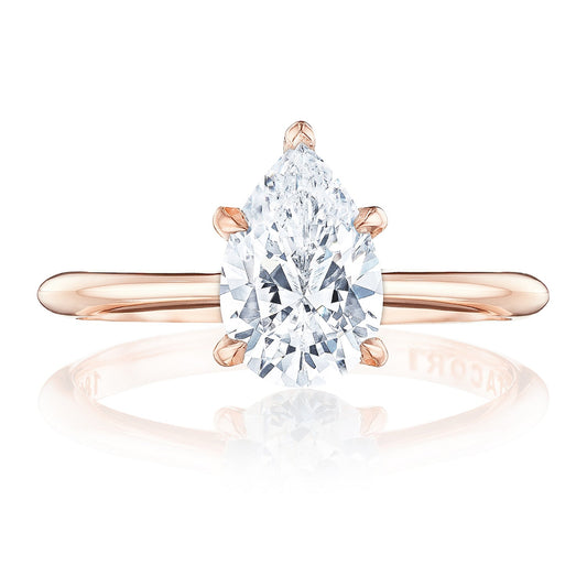 The Tacori Founders Collection 18K Rose Gold Pear Solitaire Semi Mount Engagement Ring features a breathtaking pear-cut center stone in a solitaire setting. The simple, polished band with diamond accents beautifully enhances the diamond's brilliance.