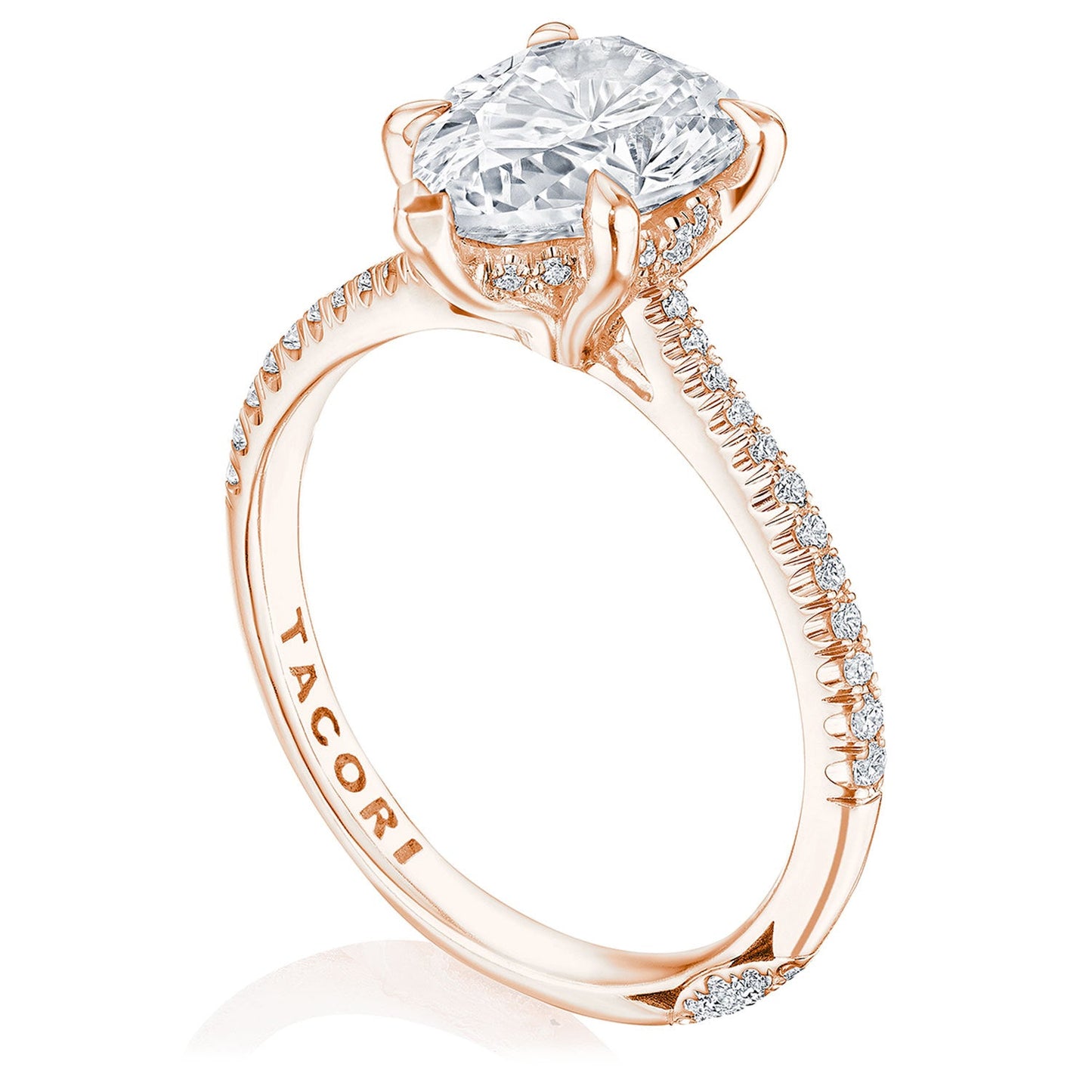 Featuring a prominent pear-shaped diamond solitaire, the Tacori Founders Collection 18K rose gold engagement ring is elegantly set in four prongs. The band is embellished with pavé-set diamonds and engraved with "TACORI.