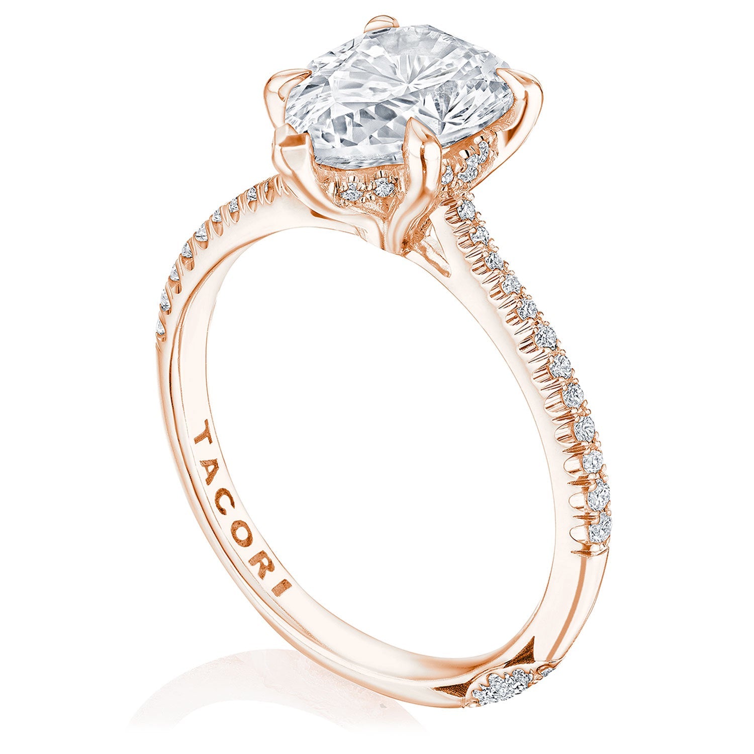 Featuring a prominent pear-shaped diamond solitaire, the Tacori Founders Collection 18K rose gold engagement ring is elegantly set in four prongs. The band is embellished with pavé-set diamonds and engraved with "TACORI.