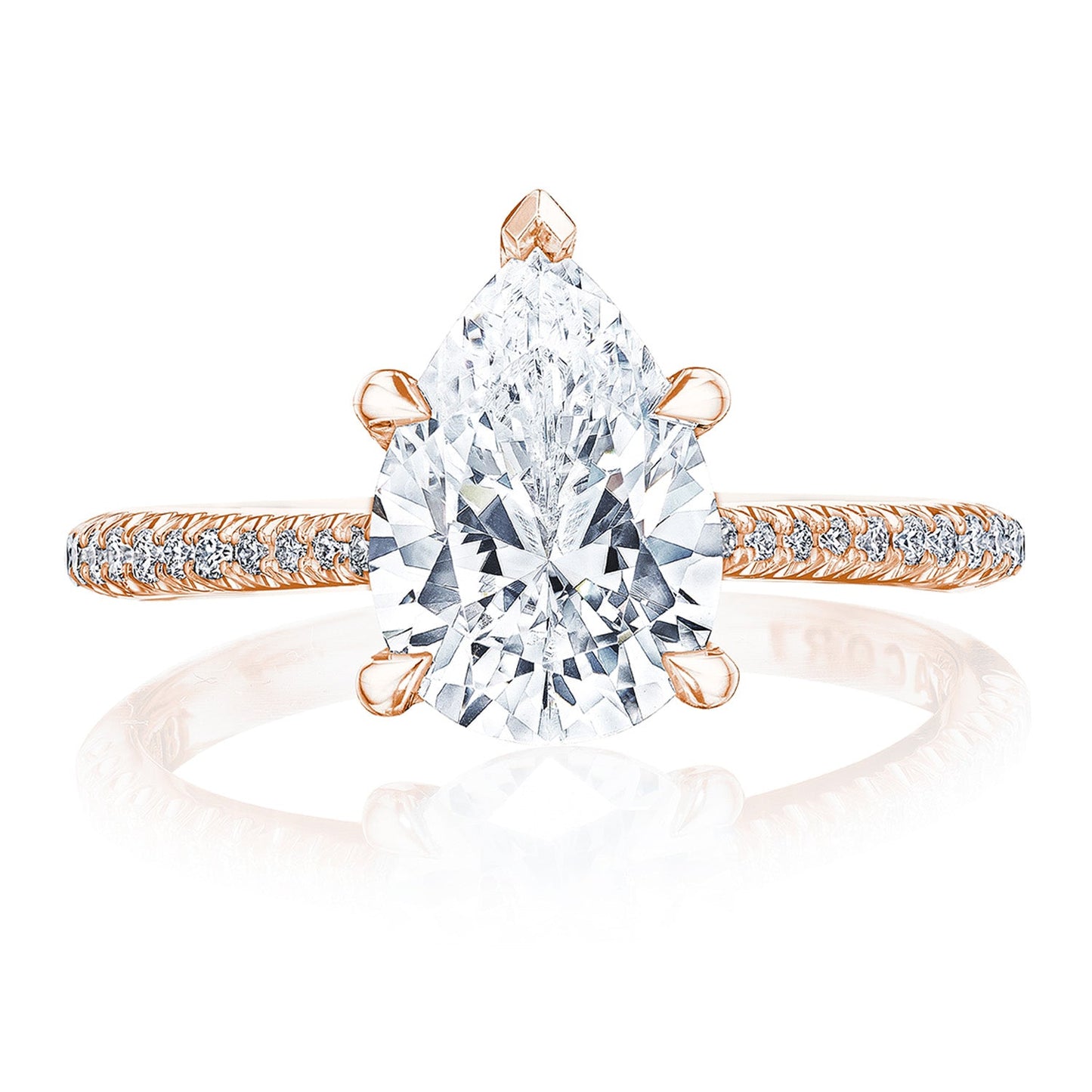 Introducing the Tacori Founders Collection 18K Rose Gold Pear Solitaire Semi Mount Engagement Ring. This exquisite piece showcases a large pear-shaped diamond at its center, complemented by a band with pavé-set diamonds that enhance its elegance and sparkle. A sophisticated claw prong detail completes the stunning setting, making it a perfect symbol of timeless beauty.