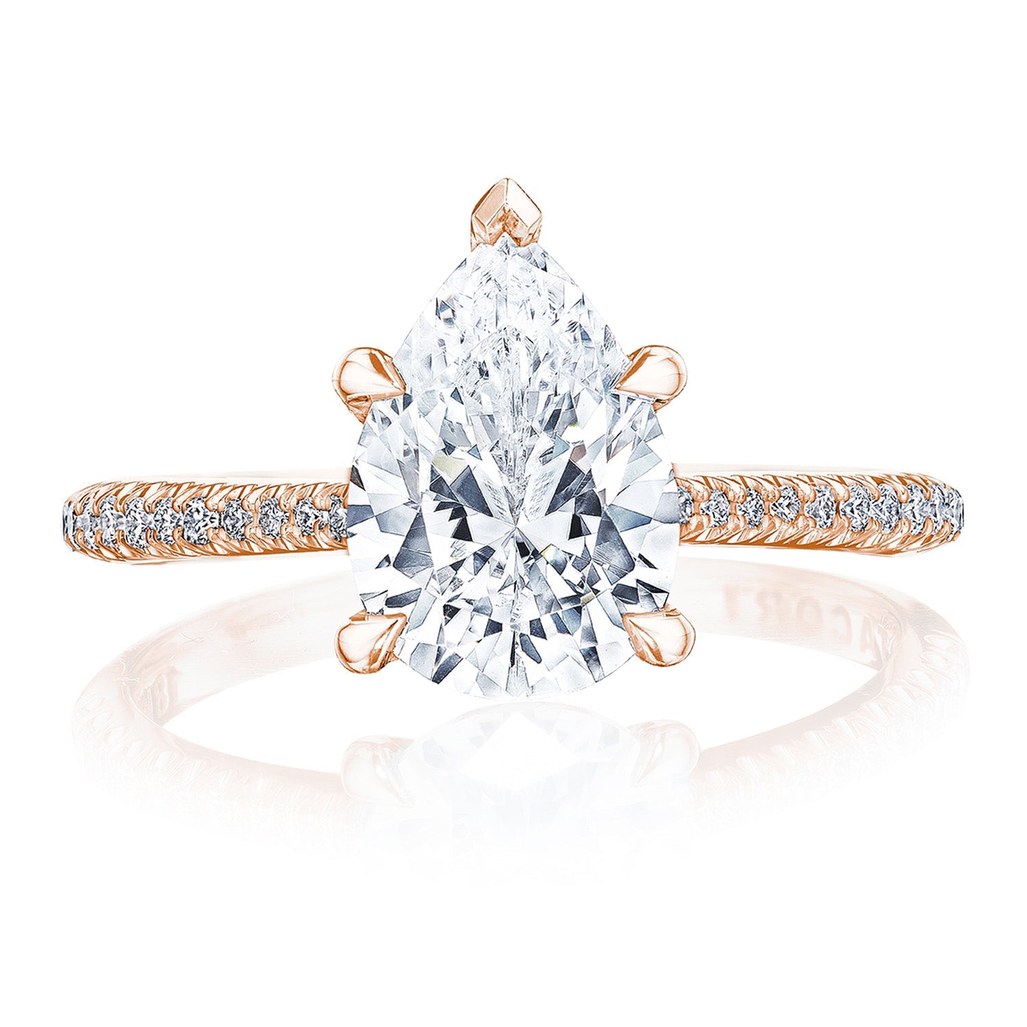 Introducing the Tacori Founders Collection 18K Rose Gold Pear Solitaire Semi Mount Engagement Ring. This exquisite piece showcases a large pear-shaped diamond at its center, complemented by a band with pavé-set diamonds that enhance its elegance and sparkle. A sophisticated claw prong detail completes the stunning setting, making it a perfect symbol of timeless beauty.